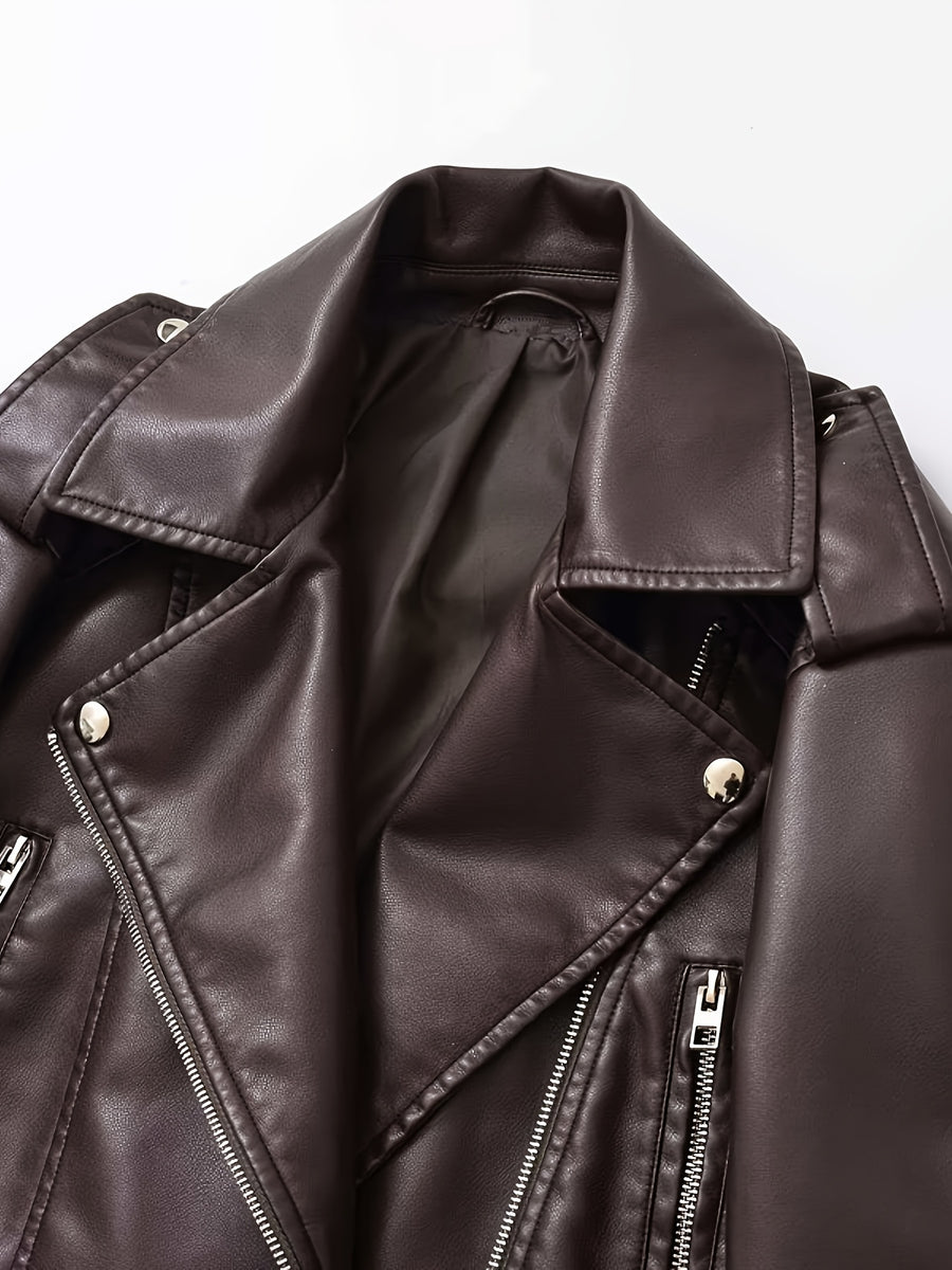 2025 Short Faux Leather Jacket Spring Autumn American Retro Temperament Biker Jacket Top Women'S Clothing - Dark Brown