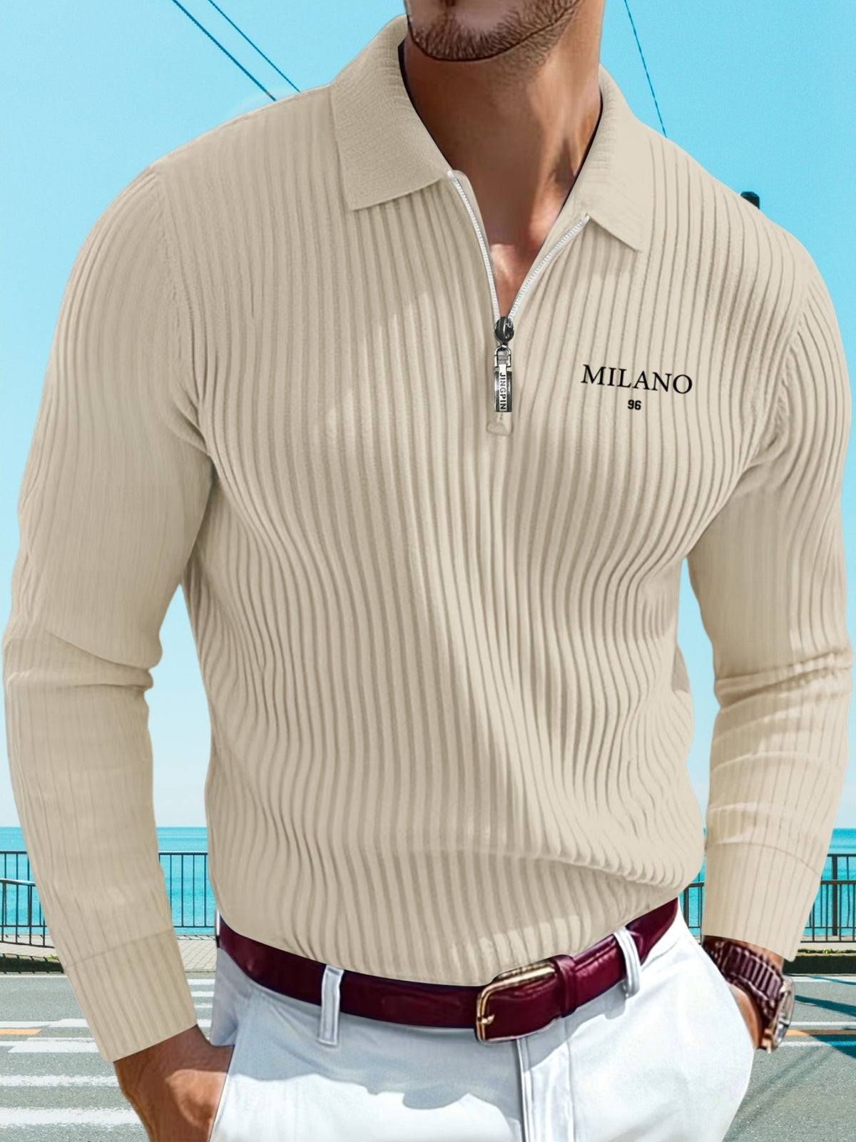 Men'S Print Autumn Striped Casual Sports Outdoor Comfortable Long-Sleeve Polo Shirt - Apricot