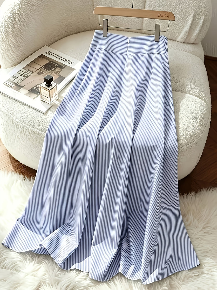 ZJ0701014 Women's Fashion Striped Print Skirt, Machine Washable, Suitable for Office and Daily Wear - Blue