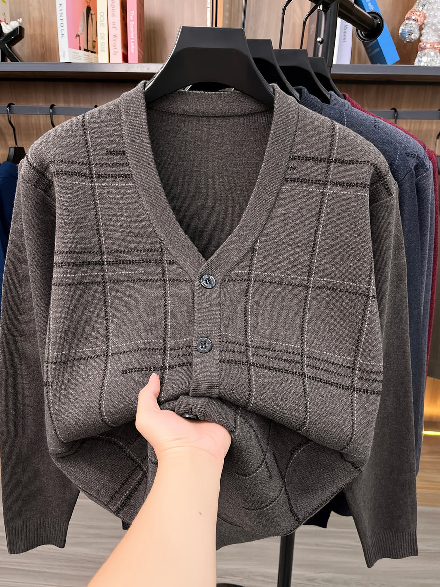 Men'S Autumn Winter Easy Knit Cardigan Warm Plaid Casual Jacket - Camel