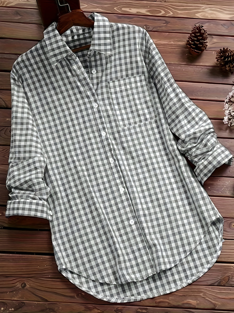 Women'S Spring Summer Casual Retro Commuter Long Sleeve Plaid Shirt - Grey