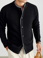 Men's Knitted Cardigan with Round Neck, Black and White Checkered Placket, 2-in-1 Look, Single-Breasted, Business Casual, Spring/Autumn Regular Fit for Daily Commuting - Black