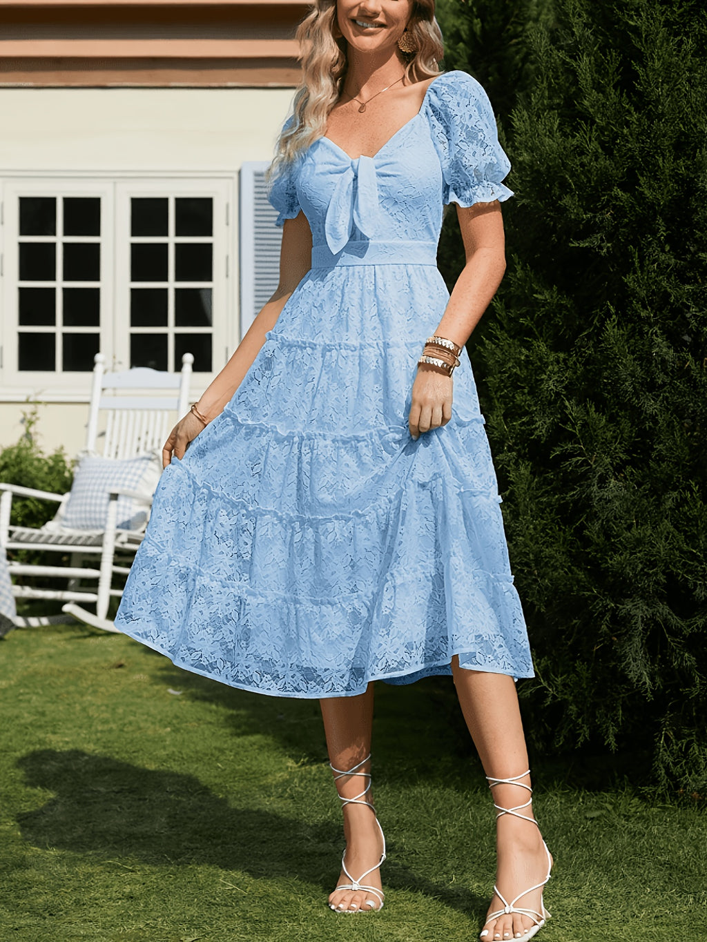 SOLLINARRY Women's Lace Dress with Sweetheart Neckline & Puffed Sleeves - Cinched Waist Midi Cake Skirt Evening Gown, Fitted Wedding Guest Dress Suitable for Parties, Prom, Special Occasions - Sky Blue