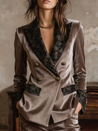 Double-Breasted Printed Versatile Blazer 1pc Women'S Retro Elegant Lapel Design Statement Cuffs Slimming Outwear Top [NS702] - Taupe Brown