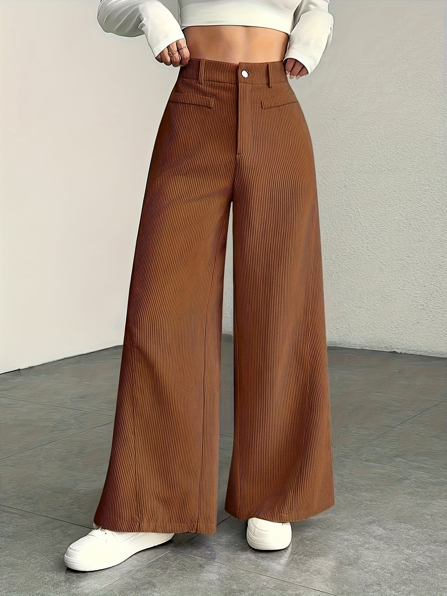 Women's High-Waisted Wide-Leg Corduroy Pants - Straight Leg Trousers with Corduroy Texture & Striped Suitable for All-Season Wear, Machine Washable Non-Stretch Corduroy Pants for Office, Casual, Everyday Outfits (No Transparency) - Coffee Brown
