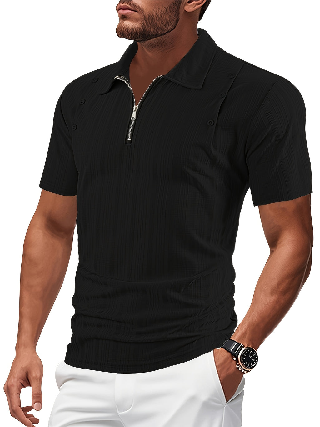 Josh Mei'S Selected Products: Men'S Texture Pattern Half-Zip Polo Shirt, Summer Short-Sleeve Polo Shirt with Half-Zip Button Decoration Men'S Casual Top - Black