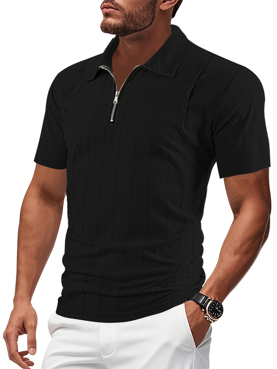 Josh Mei'S Selected Products: Men'S Texture Pattern Half-Zip Polo Shirt, Summer Short-Sleeve Polo Shirt with Half-Zip Button Decoration Men'S Casual Top - Black