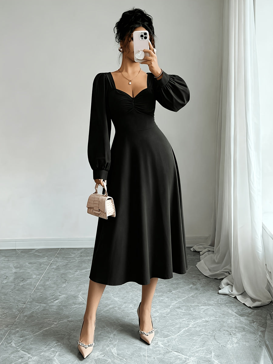 Solid Color Sweetheart Neckline Ruffled Long Dress, Lantern Puff Sleeve Waist-Cinching Flowing A-Line Women'S Dress, Suitable for Wedding Guests, Evening Parties, Office Commute, Dinner Dates, And Casual Outings - Black