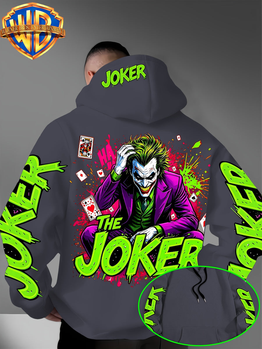 Authorized by Warner Bros., Featuring Colorful Graffiti And Ink Splattered Joker JOKER Poker Prints, Hat Design Patterns, Versatile Street Style Men'S Hooded Sweatshirt, Comfortable And Casual, Suitable for Autumn And Winter Wear - Dark Gray