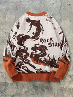 Halloween Skull Cross Unisex Sweater Fashion Casual Holiday Round Neck Long Sleeve Loose Ribbed Knit Pullover - Orange