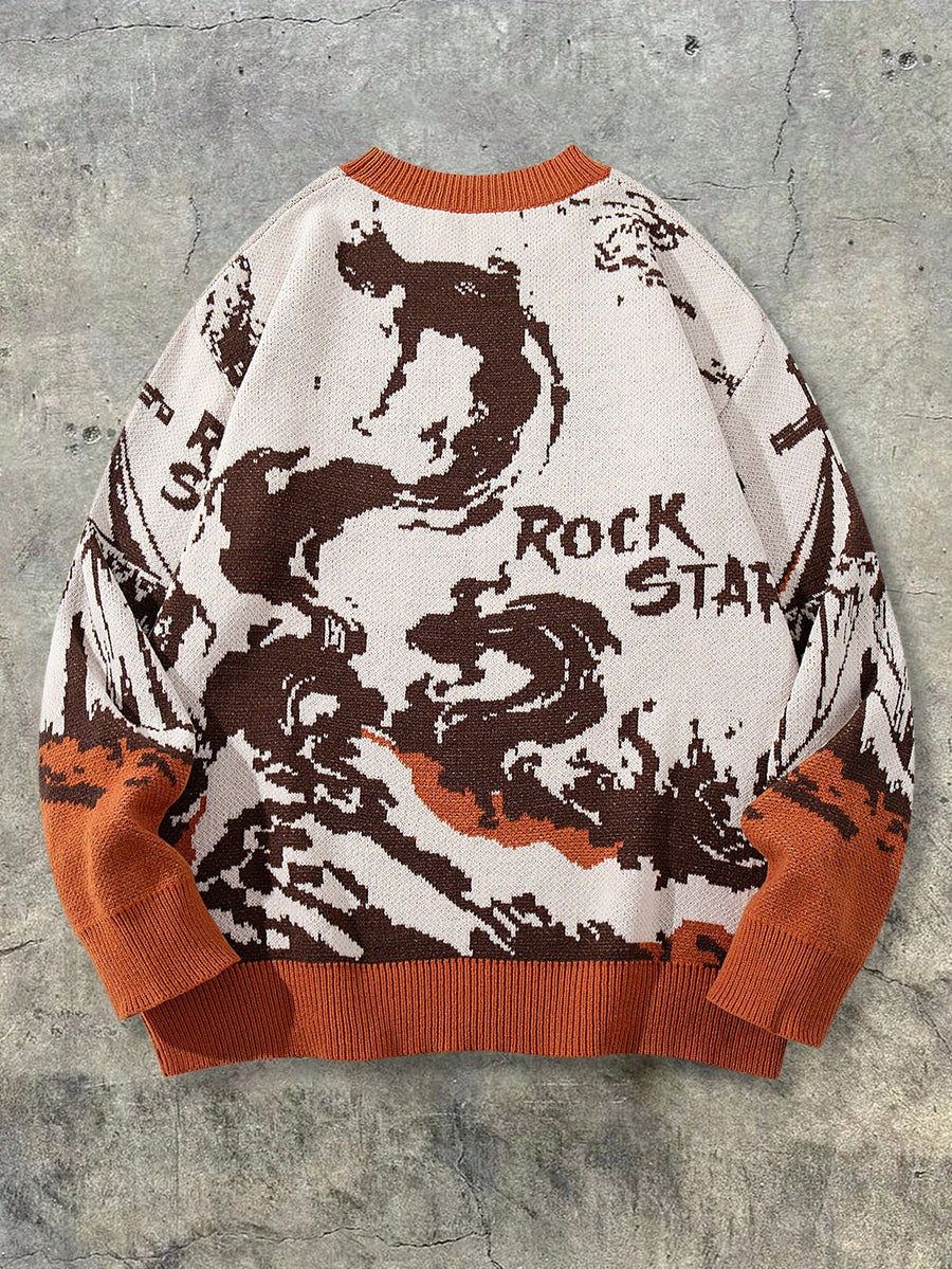 Halloween Skull Cross Unisex Sweater Fashion Casual Holiday Round Neck Long Sleeve Loose Ribbed Knit Pullover - Orange