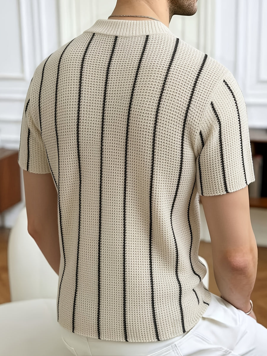 Spring Summer Men'S Short Sleeve Knit Sweater Casual Athletic Street Retro Style Vertical Stripe Pattern Lapel Button-Up Men'S Jacket Men'S Top Men'S Pullover - Apricot