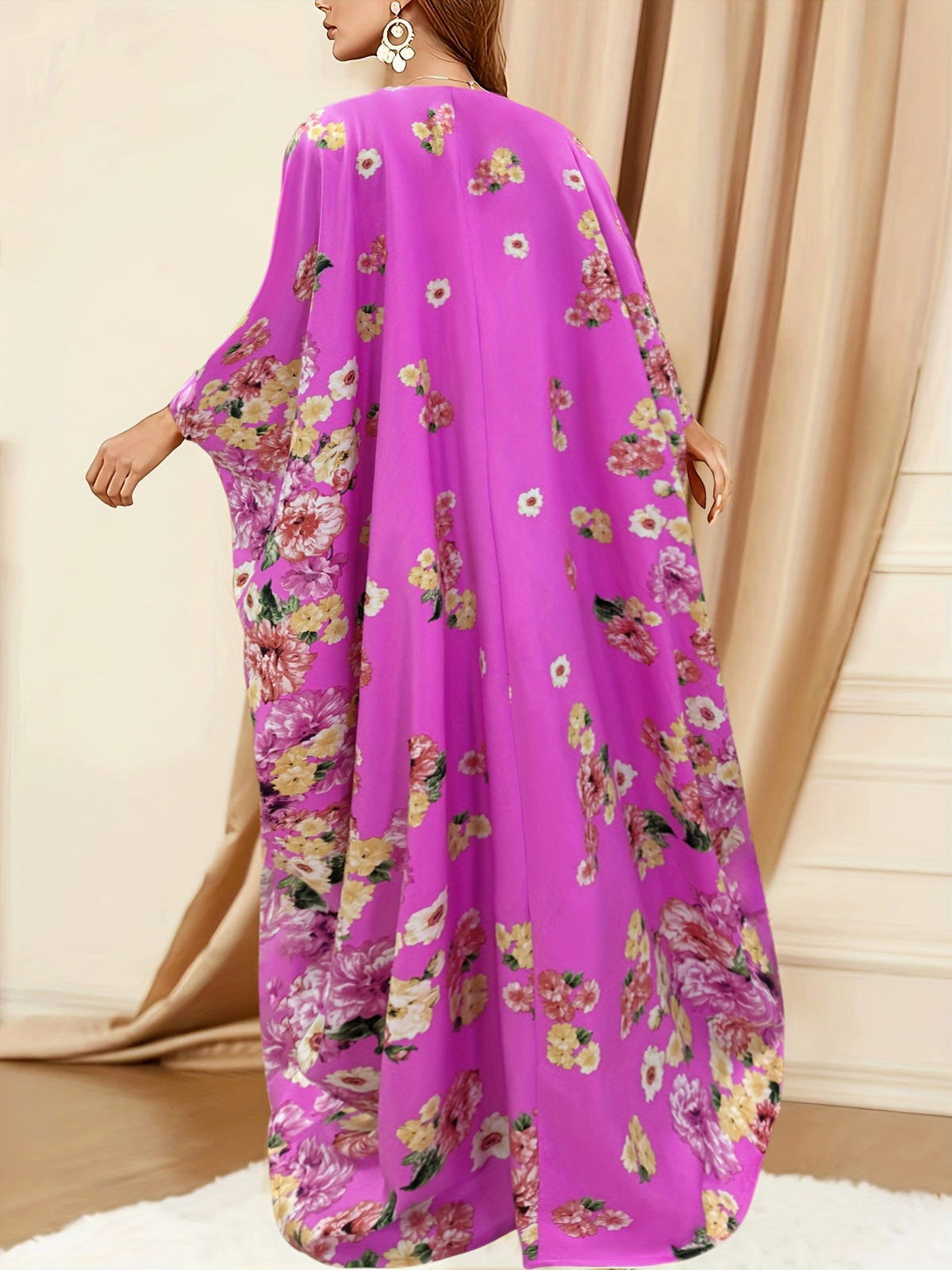 Eid & Ramadan Modest Maxi Dress - Middle Eastern-Inspired Batwing Sleeves, Loose Fit Floral Print, Machine Washable All-Season Comfort for Women, Cultural Attire, Middle Eastern Style, Comfortable Fashion - Magenta