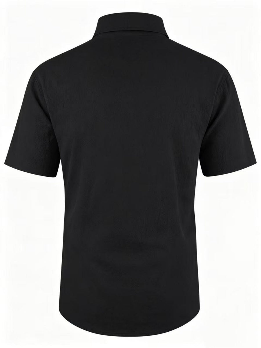 Old Money Style Men's Cuban Collar Short Sleeve Shirt, Linen Texture, Lightweight and Breathable Outdoor Casual Shirt - Black