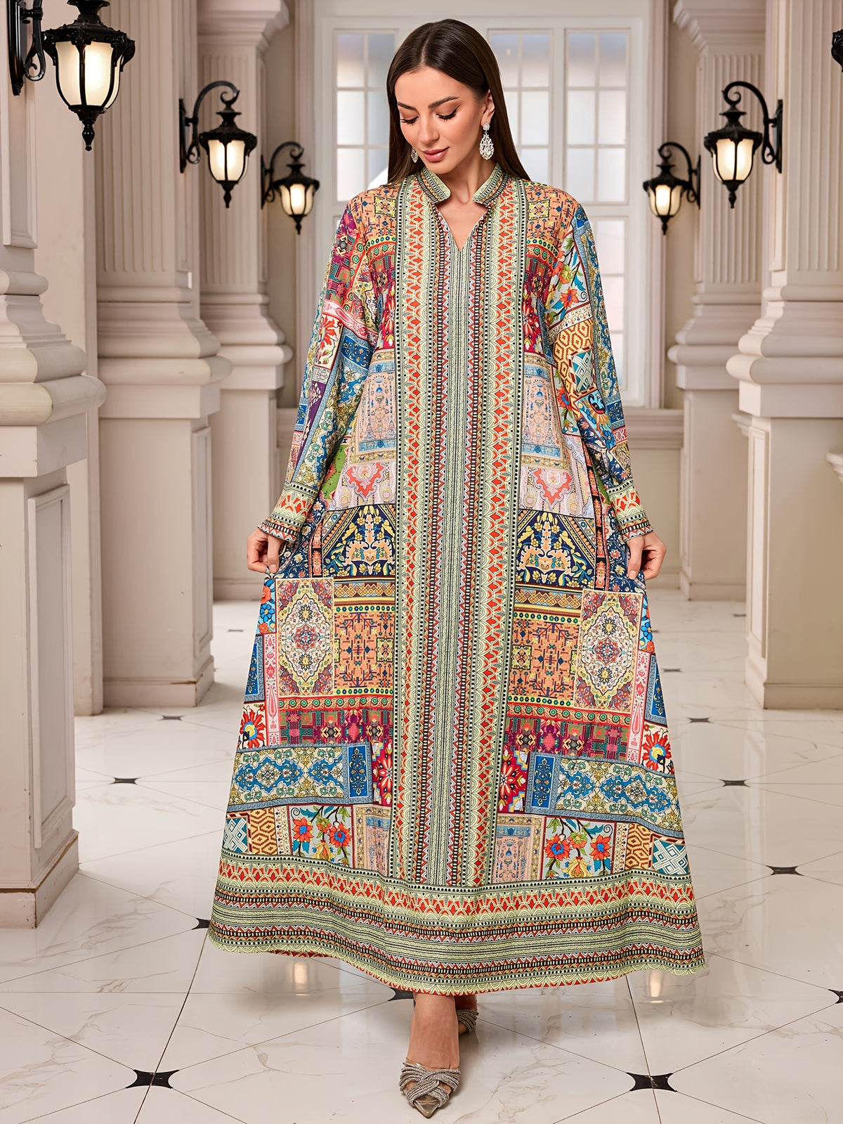 During Ramadan, Middle Eastern Muslims Wear a New Style of Long Robe Featuring a Patchwork of Colors, Traditional Prints, a Loose Fit, a V-Neck, And Long Sleeves, Suitable for Casual And Festive Occasions - Multicolor