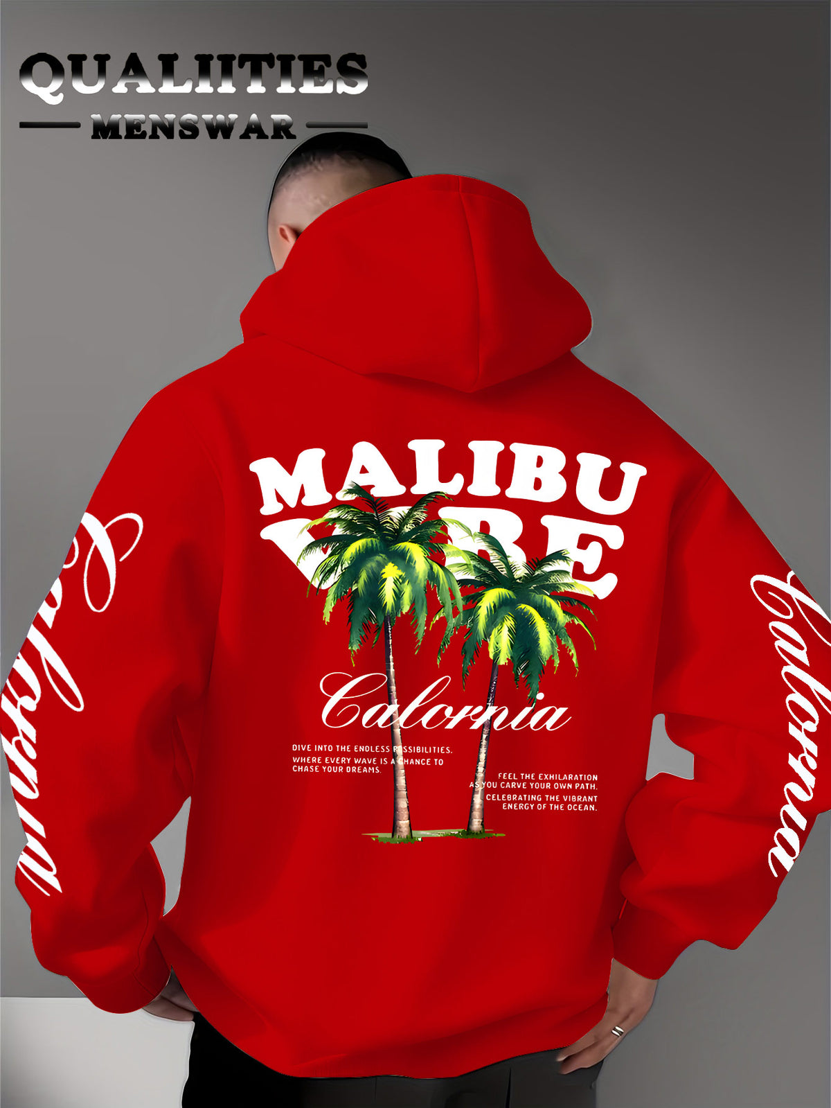 Men'S Casual Stylish Quality Hoodie Featuring The MALIBU VIBE Design with Two Palm Trees, Embodying The American California Beach Vibe Filled with Sunshine, Freedom, Knit - Red