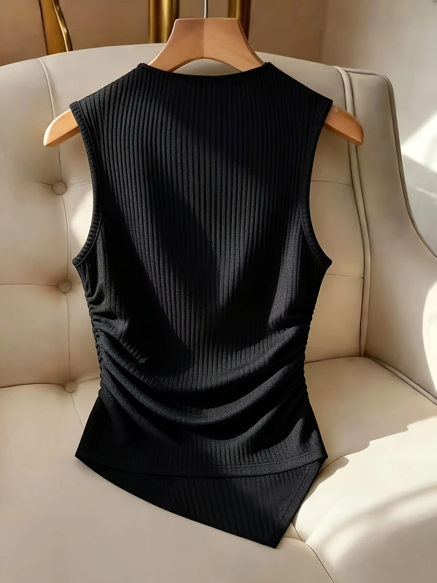 Women'S Summer Casual Top, Slant Collar Metallic Button Ribbed Versatile Temperament Women'S Top, Slant Collar Sleeveless Design with Metallic Button Embellishment And Side Ruching And Irregular Hem, Ribbed Texture, Temperament Commuter Style - Black