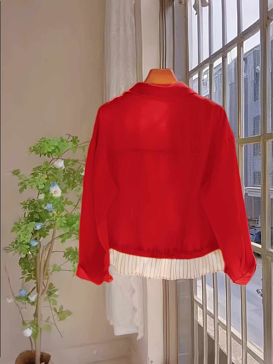 Spring and Autumn Fashion Striped Patchwork Top - Red
