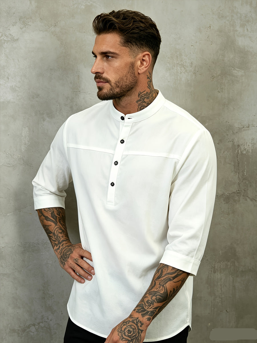 Summer Retro Stand Collar Three-Quarter Sleeve Shirt Men'S Casual Thin Solid Color Henley Collar Mid-Length Shirt - 10225-1899 White