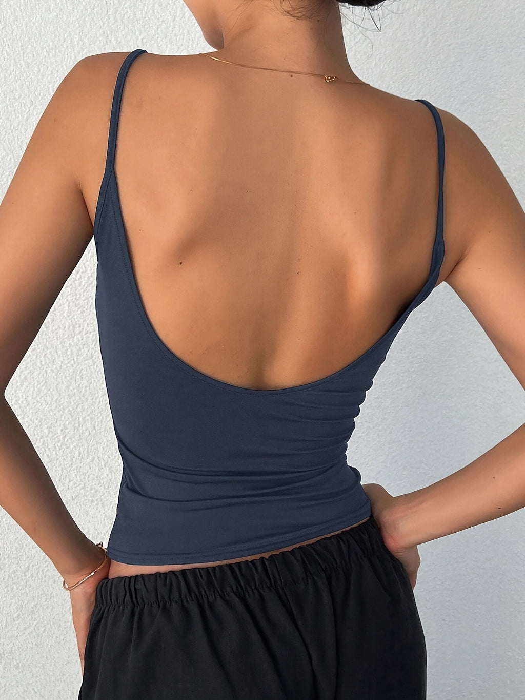 Elegant and Fashionable Classic Solid Color Sleeveless Spaghetti Strap Tank Top, Versatile Design with Sexy Backless Cut, Soft Fabric for Inner or Outer Wear. Ideal for Layering and Suitable for Various Occasions - Sea Blue