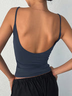 Elegant and Fashionable Classic Solid Color Sleeveless Spaghetti Strap Tank Top, Versatile Design with Sexy Backless Cut, Soft Fabric for Inner or Outer Wear. Ideal for Layering and Suitable for Various Occasions - Sea Blue