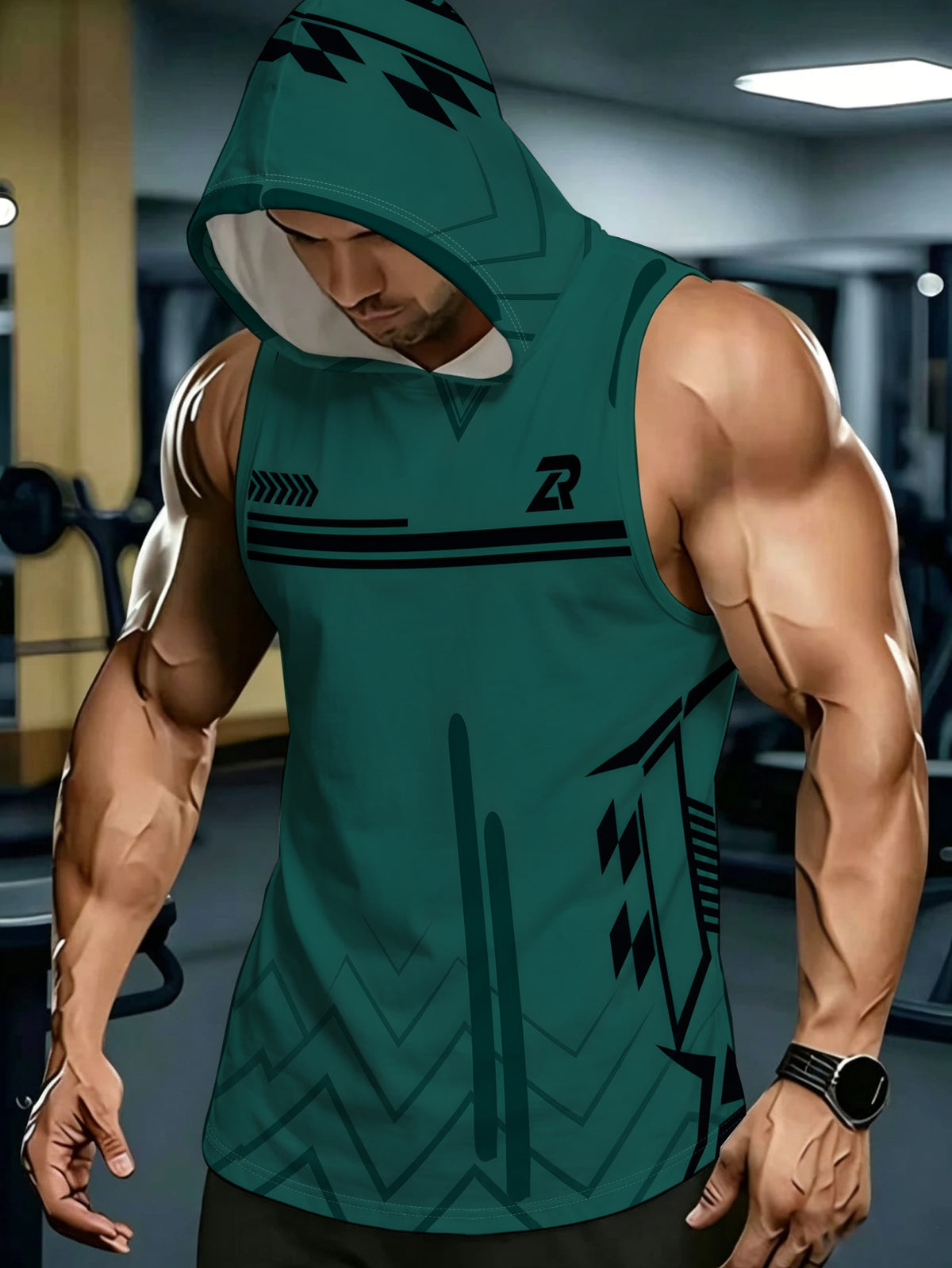 Men's Sleeveless Hooded Top Dark Green Trendy Printed Design Daily Casual Sports Versatile Summer Breathable Fashion Top Suitable for Outdoor Activities and Daily Wear - Mixed colors