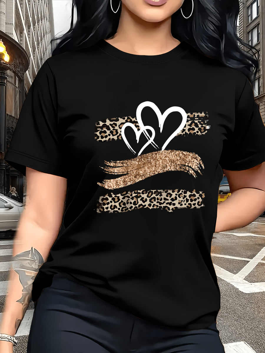 Leopard Print Heart Glitter-themed Pattern Print, Fashionable Breathable T-shirt, for Family Travel,, Casual S, Daily Commutes, Matching Outfits for Sisters, Versatile T-shirt 30057 - Black 1