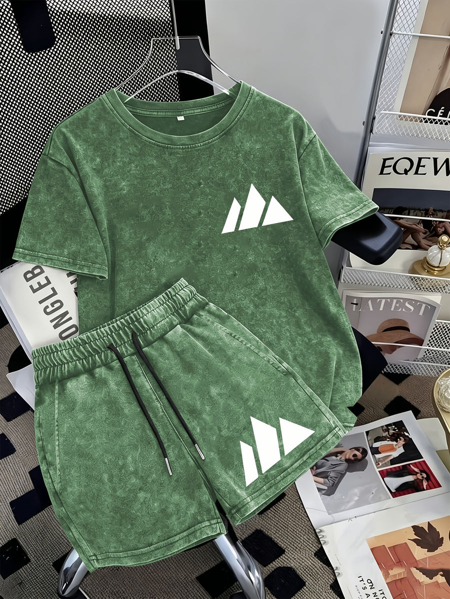 Summer Trendy Distressed Washed Short Sleeve Shorts Drawstring Women's Set, Minimalist Mountain Peak Line Drawing Print, Minimalist Outdoor Style, Artistic and Fresh Style, Forest-Inspired Natural Style, Comfortable for Hot Weather - Green 1