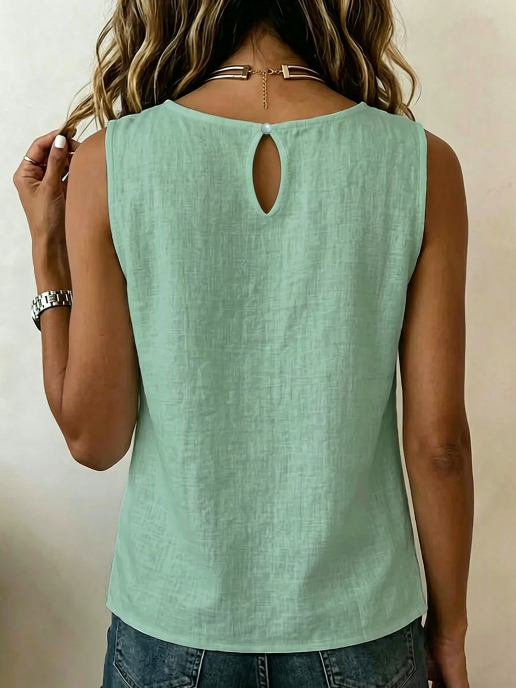 Summer Minimalist Style Round Neck Side-Button Versatile Sleeveless Shirt - Mint Green