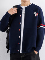 Du Jing Lan OBM 1pc Autumn/Winter New Arrival Men's Knitted Cardigan, Old Money Style Textured Contrast Color Crew Neck Single-Breasted Open Front Long Sleeve Knitted Cardigan Base Layer Top, Men's Casual Fashion, Suitable for Autumn and Winter Wear - Purplish Blue