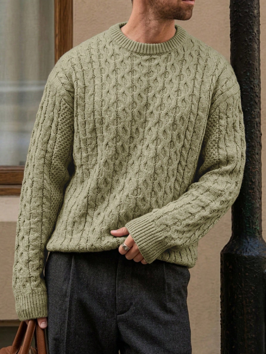 Autumn/Winter 26 Styles American Vintage Cable Knit Sweater for Men, Casual Twisted Cable Knit Pullover Crew Neck Knitted Top - Olive Green