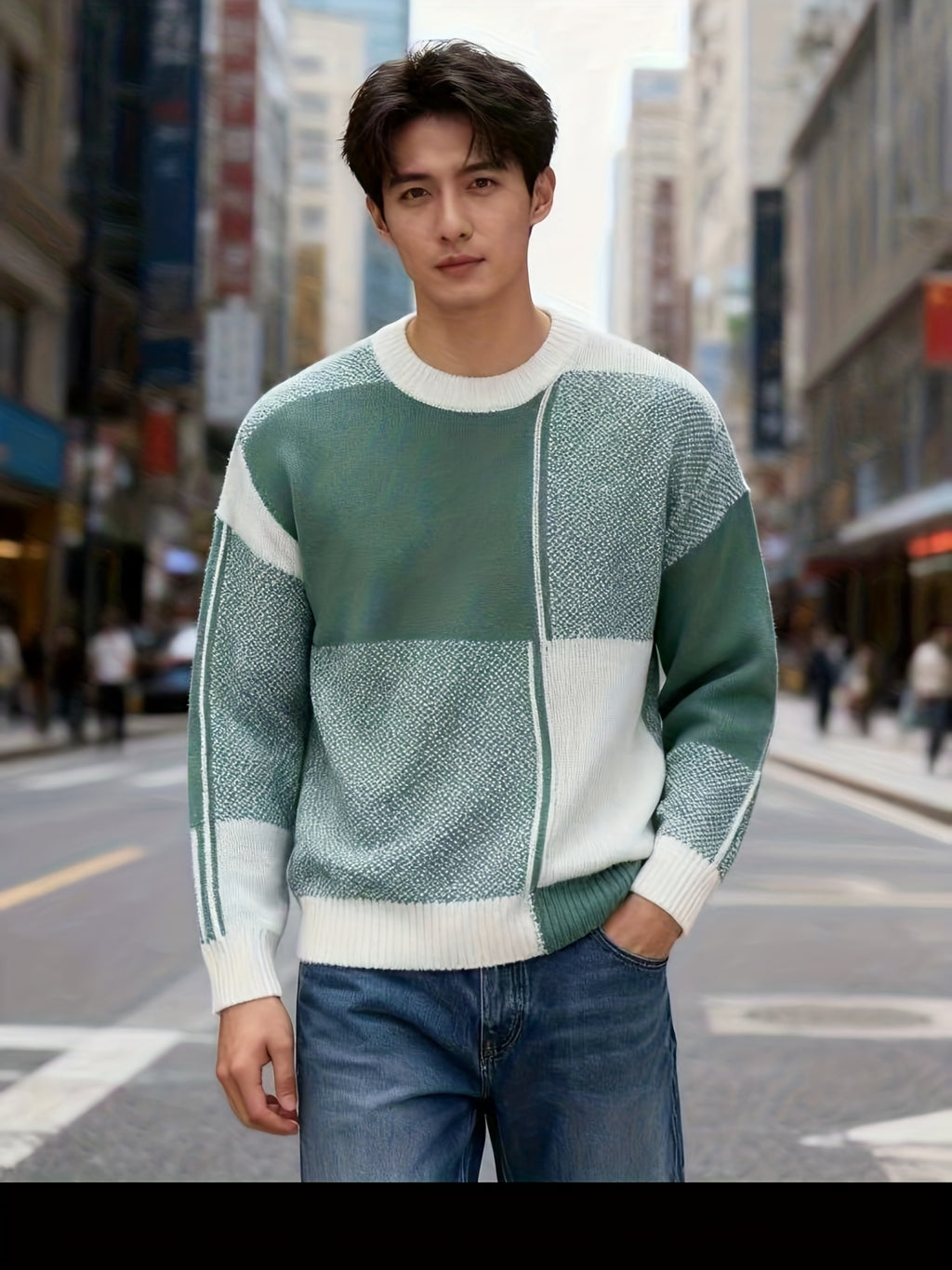 Men's Color-Block Sweater Fall Winter Warm Round Neck Sweater Suitable for Daily Wear & Layering, Color-Blocking with Ribbed Collar, Hand Washable Stretchable Sweaters for Office, Casual Outfits - Green
