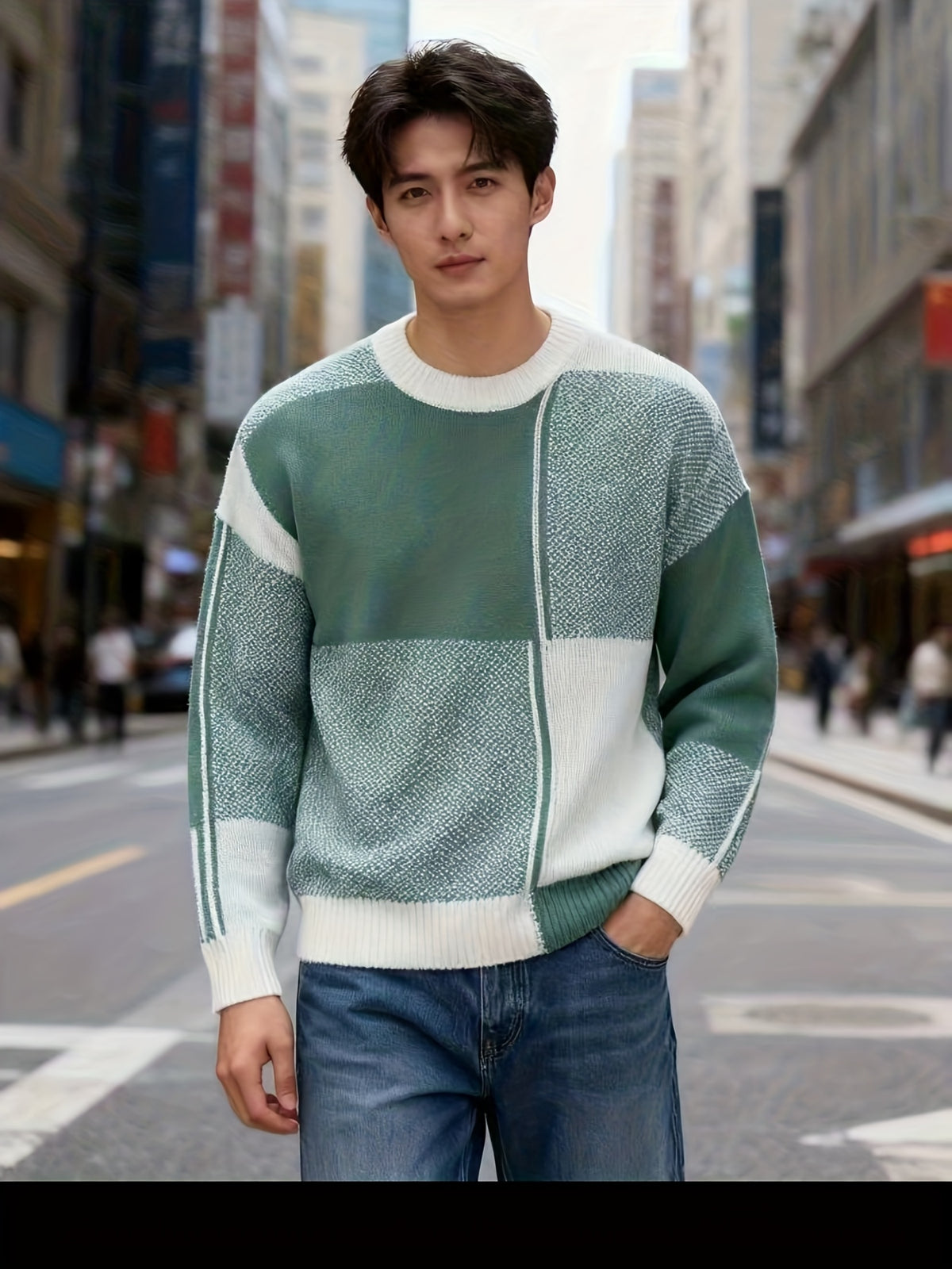 Men's Color-Block Sweater Fall Winter Warm Round Neck Sweater Suitable for Daily Wear & Layering, Color-Blocking with Ribbed Collar, Hand Washable Stretchable Sweaters for Office, Casual Outfits - Green