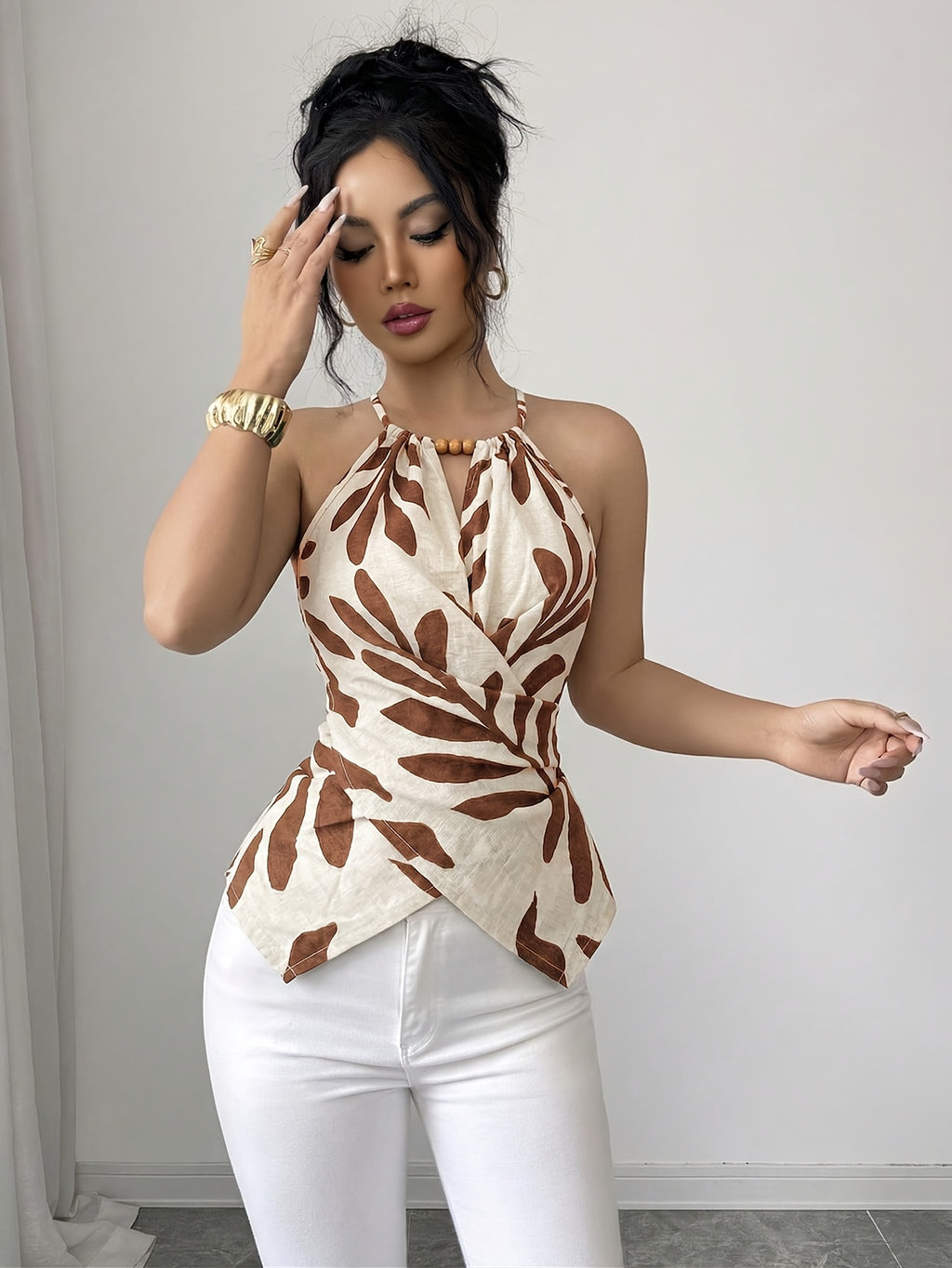 Women'S Casual Vest, Plant Print Cross Back Tie Off-Shoulder Vest, Suitable for Shopping, Vacation, Beach, Travel, Casual Wear - Apricot