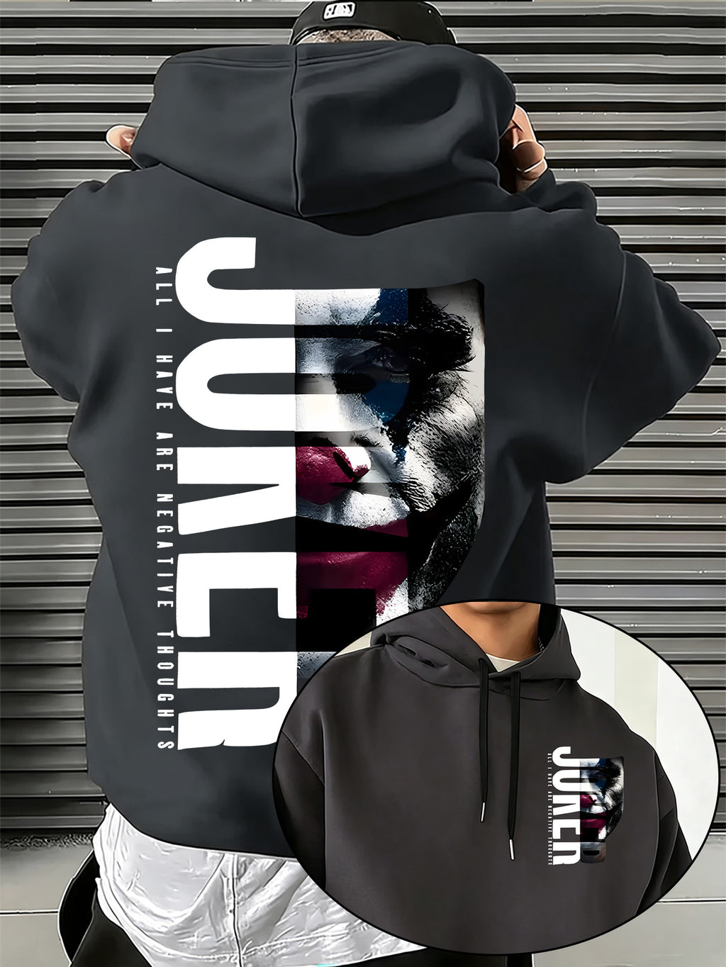 Authorized by Warner Bros., Featuring Dark JOKER Clown Patch Letter Print, Hat Design Pattern, Multi-Functional Street Style Men'S Hooded Sweatshirt, Comfortable Casual, Suitable for Autumn And Winter - Dark Gray