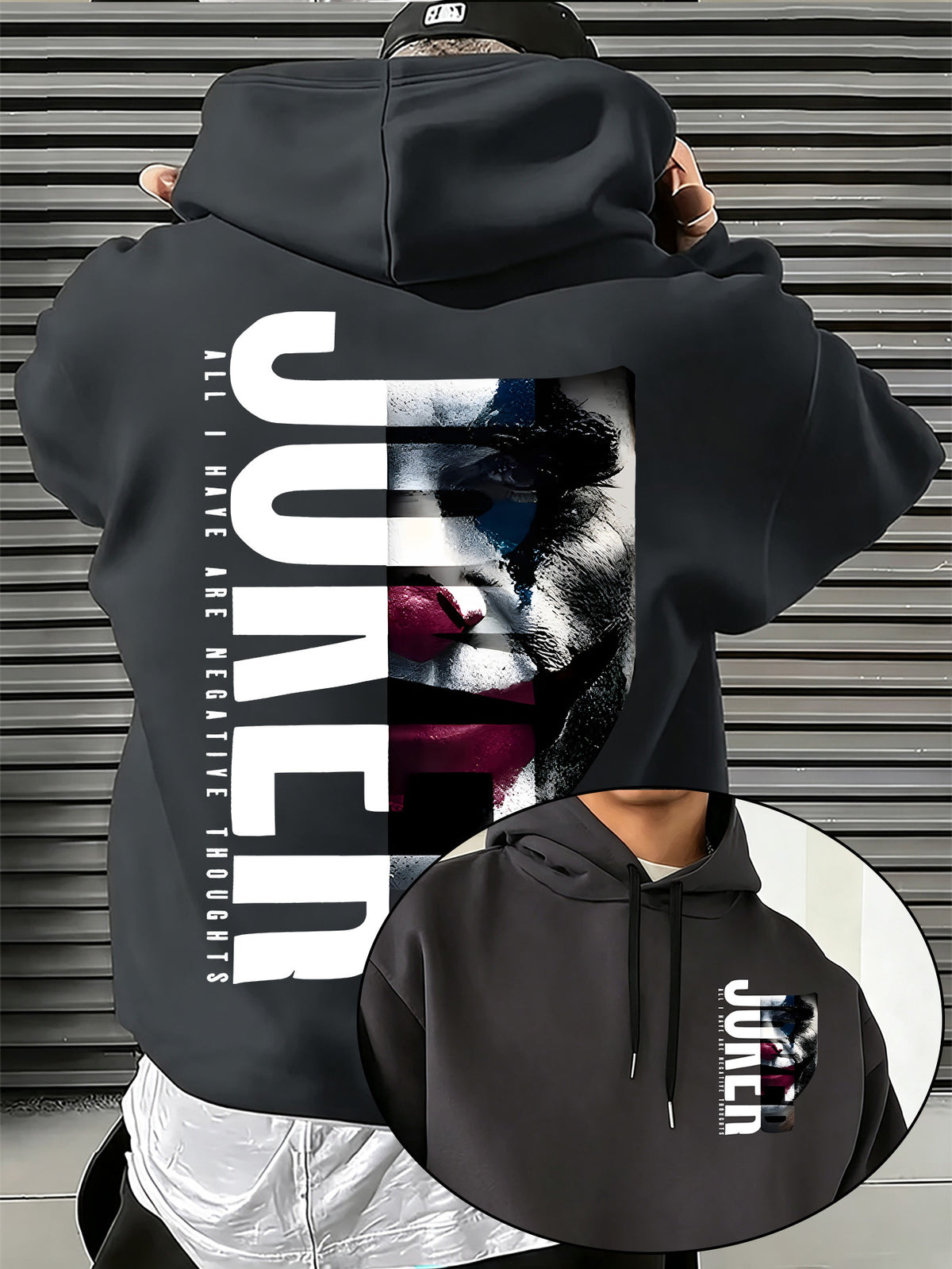 Authorized by Warner Bros., Featuring Dark JOKER Clown Patch Letter Print, Hat Design Pattern, Multi-Functional Street Style Men'S Hooded Sweatshirt, Comfortable Casual, Suitable for Autumn And Winter - Dark Gray