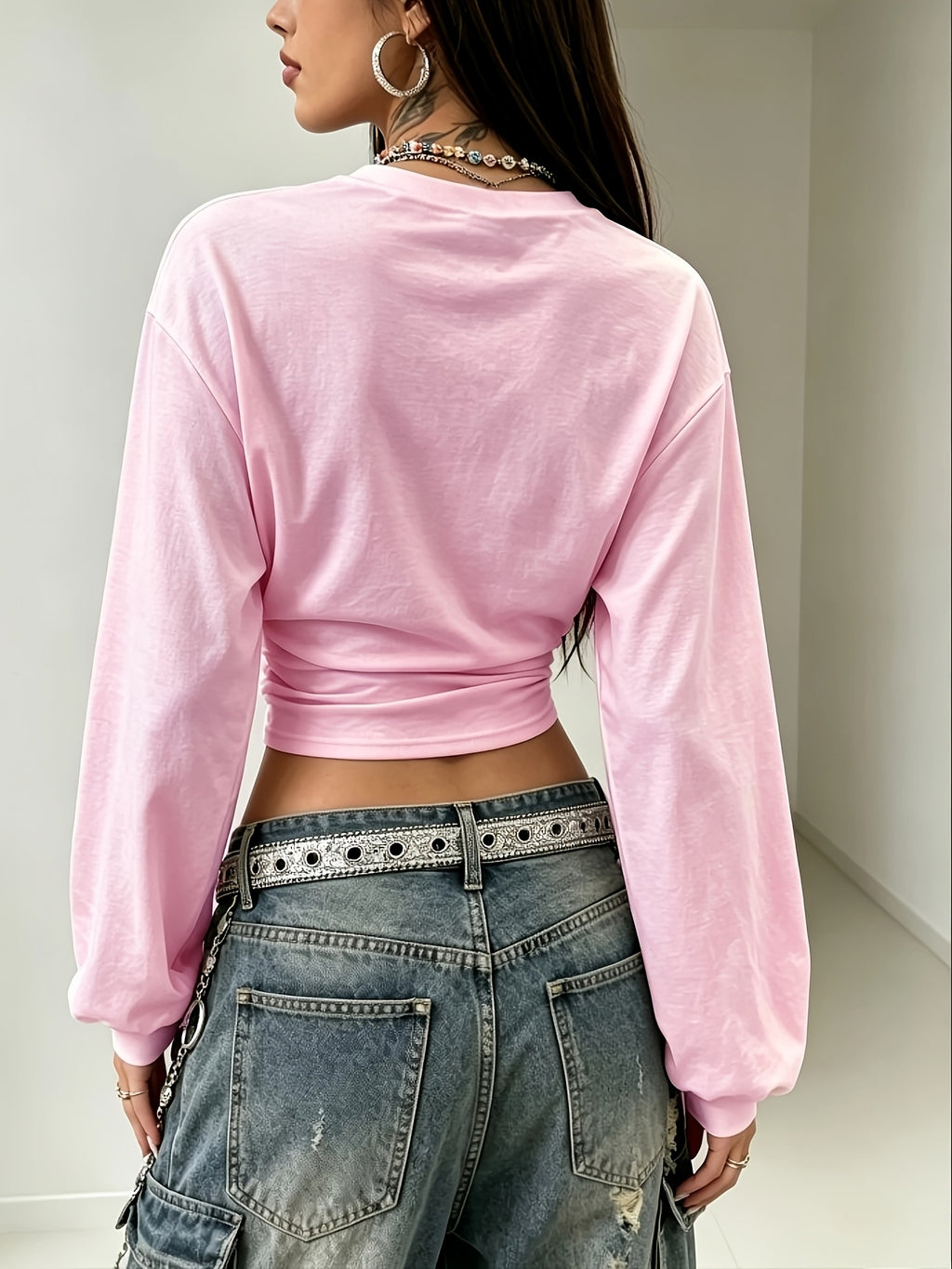 Women's Back-to- Season Basic Solid Color Pleated Asymmetrical Collar Long Sleeve Pullover Top, Autumn/Winter Casual Versatile Style,, Leisure, Dating, and Vacation Holidays in Multiple Scenarios - Pink Color