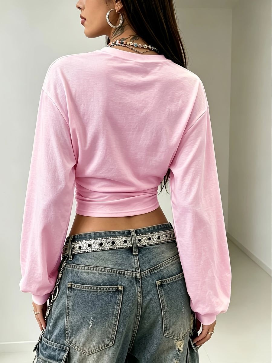 Women's Back-to- Season Basic Solid Color Pleated Asymmetrical Collar Long Sleeve Pullover Top, Autumn/Winter Casual Versatile Style,, Leisure, Dating, and Vacation Holidays in Multiple Scenarios - Pink Color