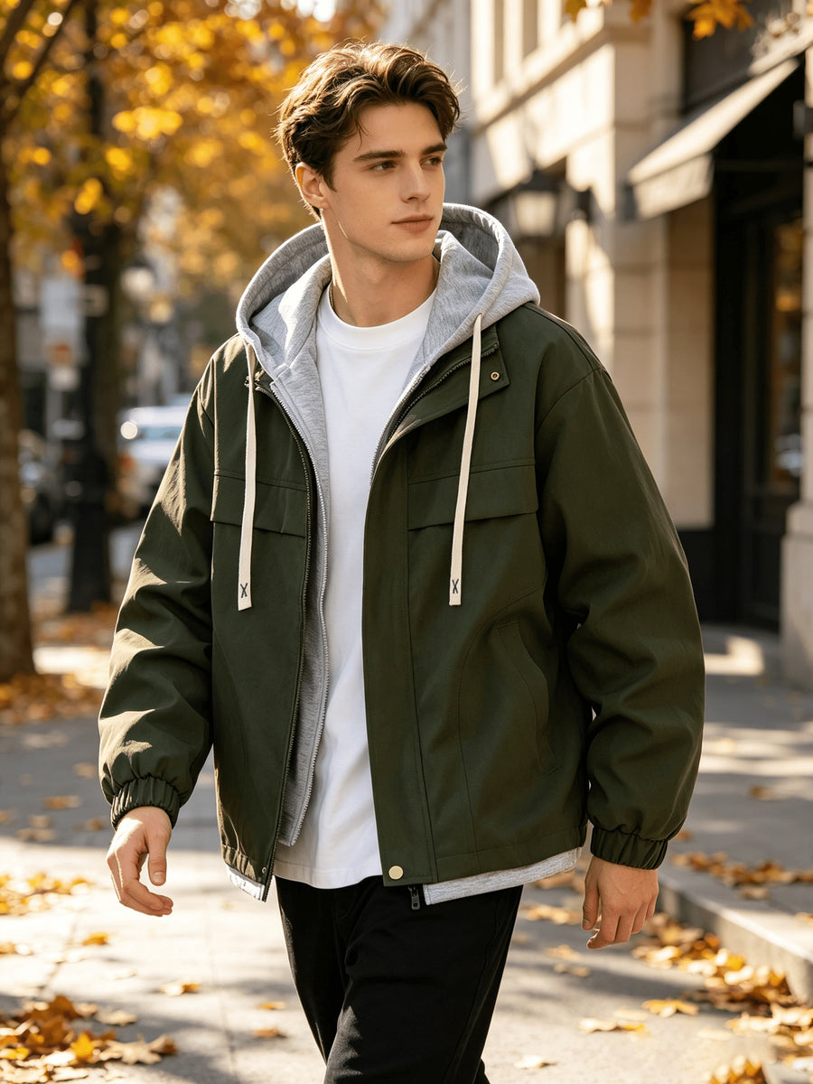Men's Casual Hooded Jacket, Trendy and Versatile, Suitable for Outdoor and Daily Wear, Faux 2pcs Design, Spring and Autumn Style - Military Green