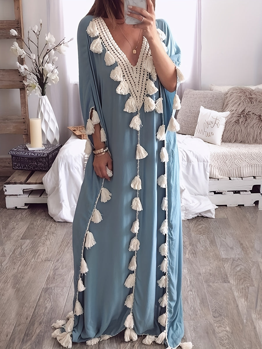 Women'S Middle Eastern Robe, V-Neck Cover-Up Tassel Patchwork Dress - Sea Blue