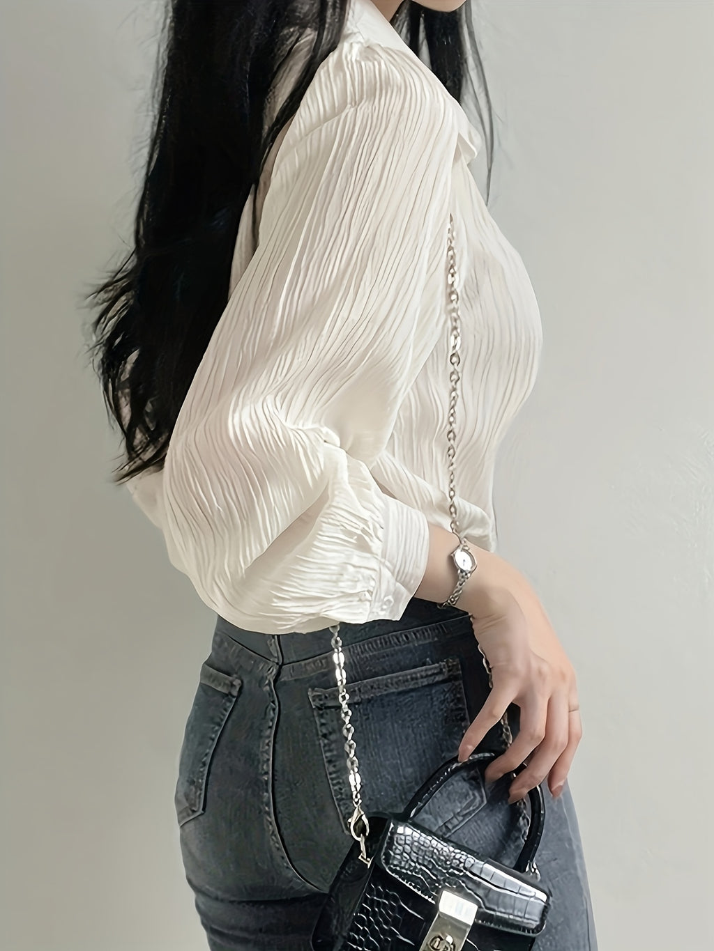 Solid Color Shirt Women'S French Long Sleeve Blouse Jacket Autumn Winter Thin Women'S Clothing Design-Oriented Shirt Top - White