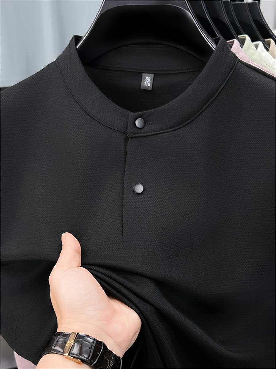 Men'S Henley Shirt Summer New Style, Solid Color Round Neck Top, Half-Button Placket, Button Closure Design, Layering with Thin Jacket, Versatile for Business Office, Golf Sports, Casual Outings, Short Trips, Father'S Day Gift, Men'S Gift - Black