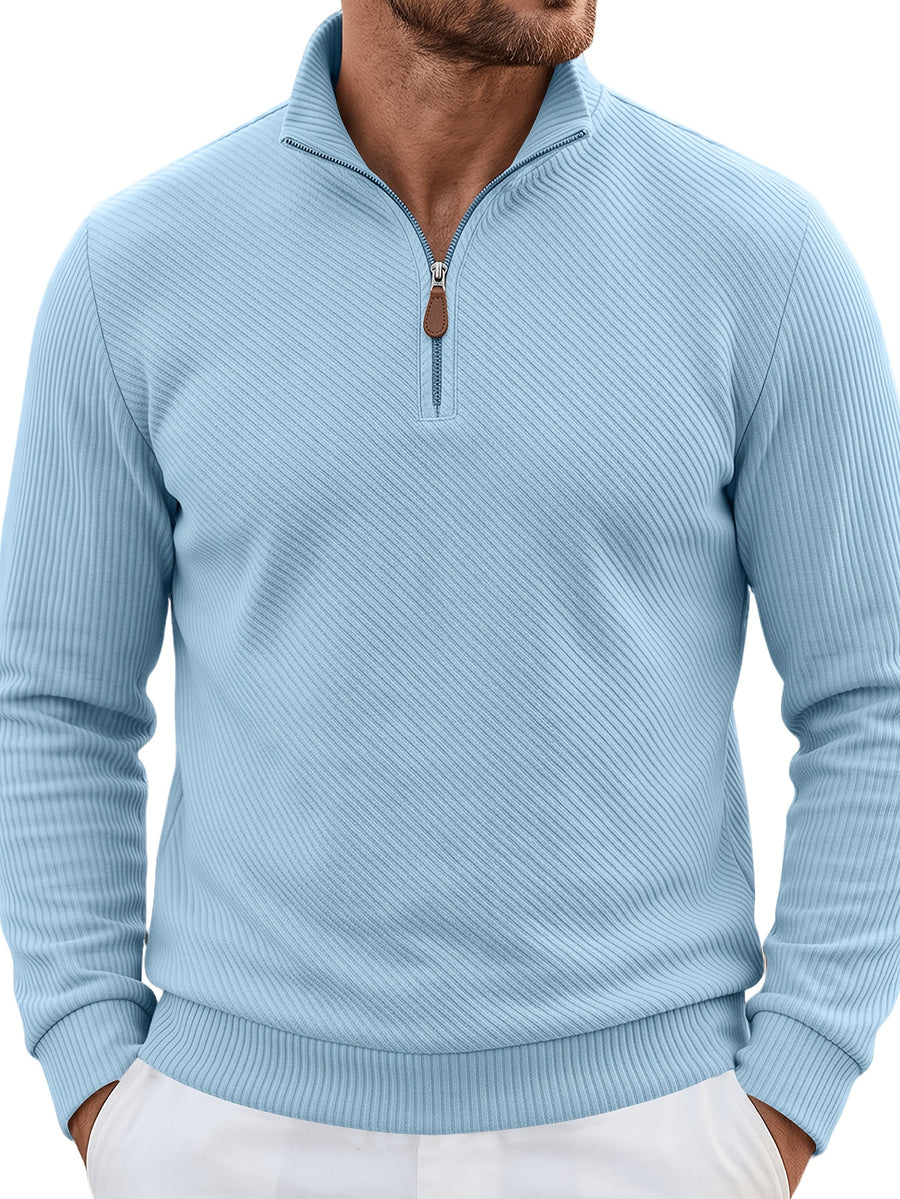 2pcs Men'S Autumn Winter New Corduroy Textured Half-Zip Stand Collar Knit Sweater Set, Light Luxury Long Sleeve Elastic Ribbed Base Layer Business Casual Inner Outerwear; Daily Commute, Home Entertaining, Camping Dating Scenarios - Black+Light Blue