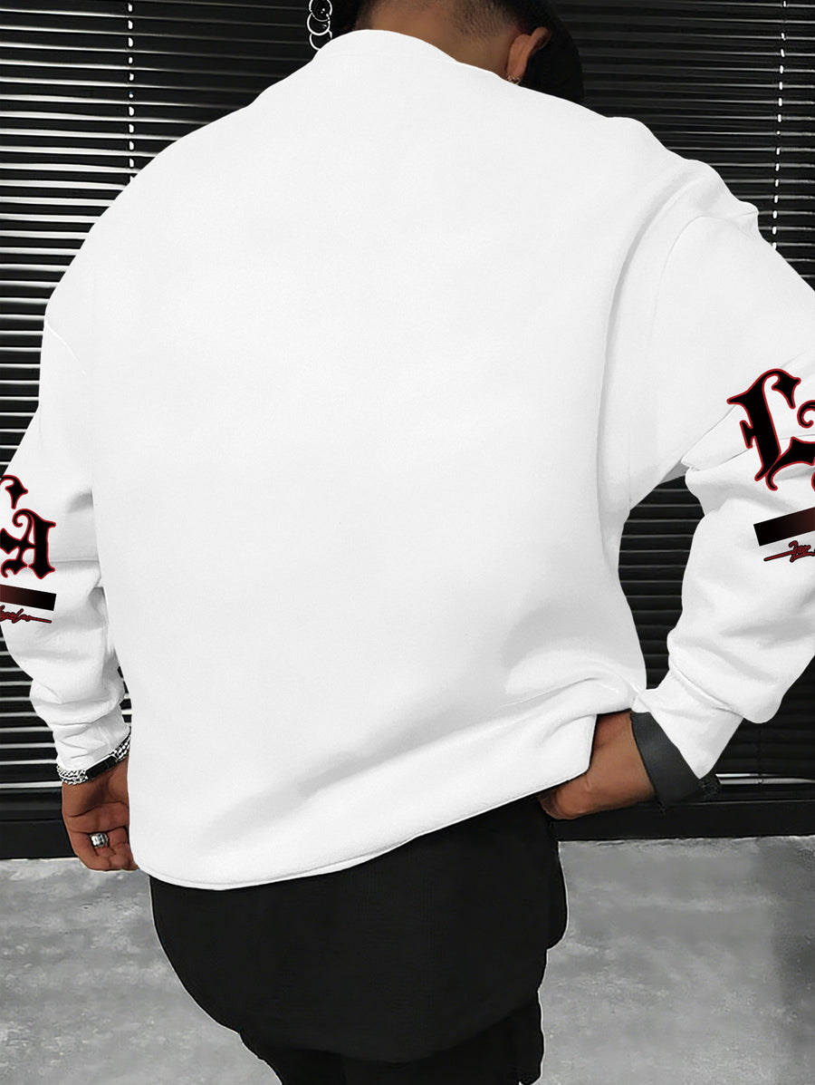 European and American Style Minimalist Round Neck Sweatshirt for Adult Men, "Los Angeles Regional Logo + Vintage Font Gradient Visual" - White