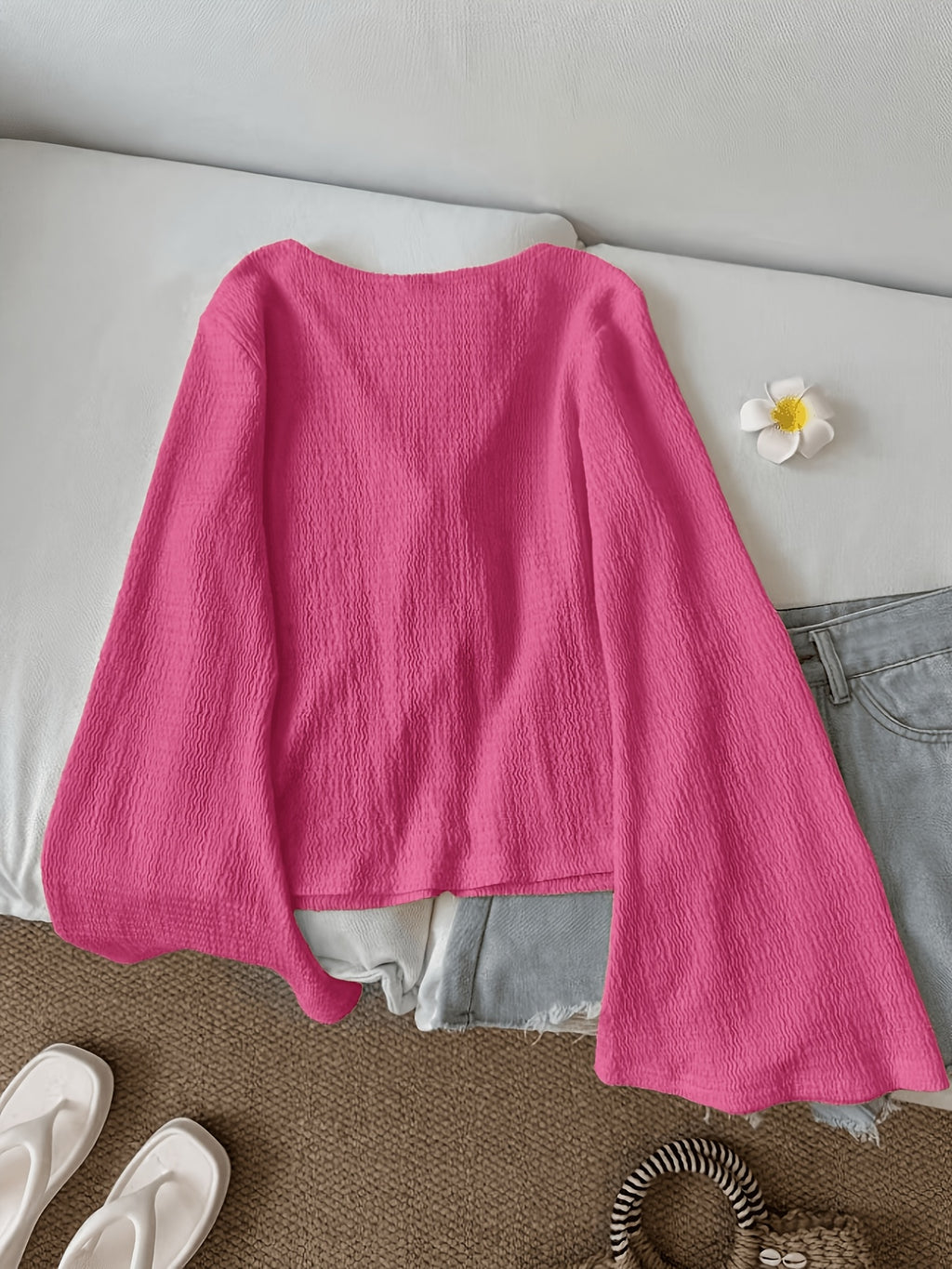 Solid Color Front-Tie Bow Open-Front Fashion Flared Sleeve Blouse New Women'S Short Top - Rose Red