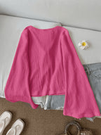 Solid Color Front-Tie Bow Open-Front Fashion Flared Sleeve Blouse New Women'S Short Top - Rose Red