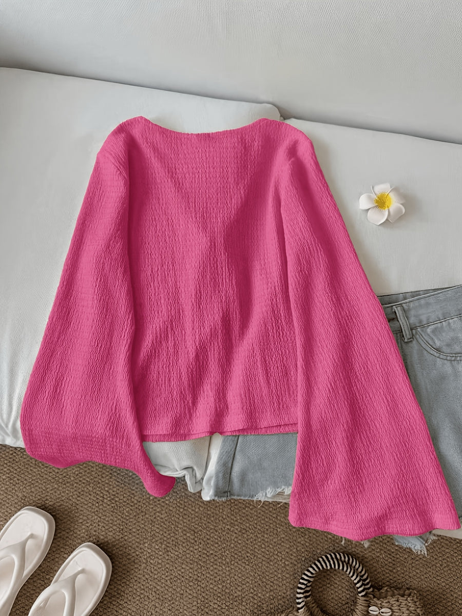 Solid Color Front-Tie Bow Open-Front Fashion Flared Sleeve Blouse New Women'S Short Top - Rose Red