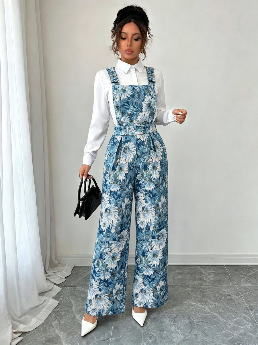 Women'S Casual Fashion Commute Elegant Jacquard Oil Painting Floral Color- Loose Long Trousers Overalls Autumn Winter - Peacock Blue