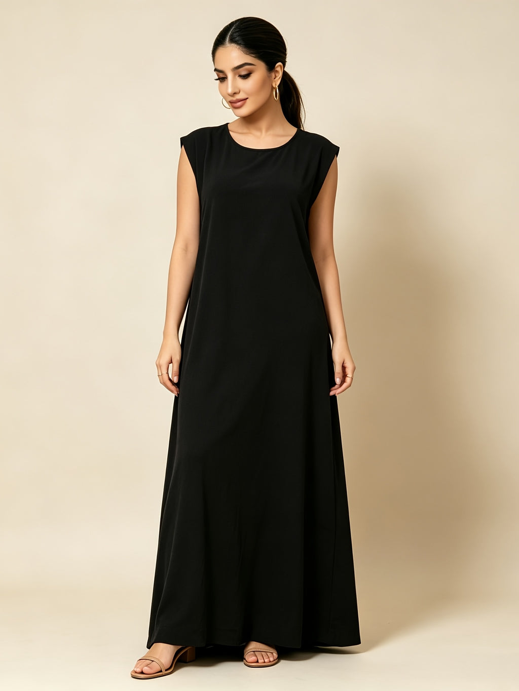 1pc Solid Color Elegant Casual Spring Autumn Suitable for Women'S Daily Base Layer Vest Abaya Muslim Dress Robe Summer Abaya - Black