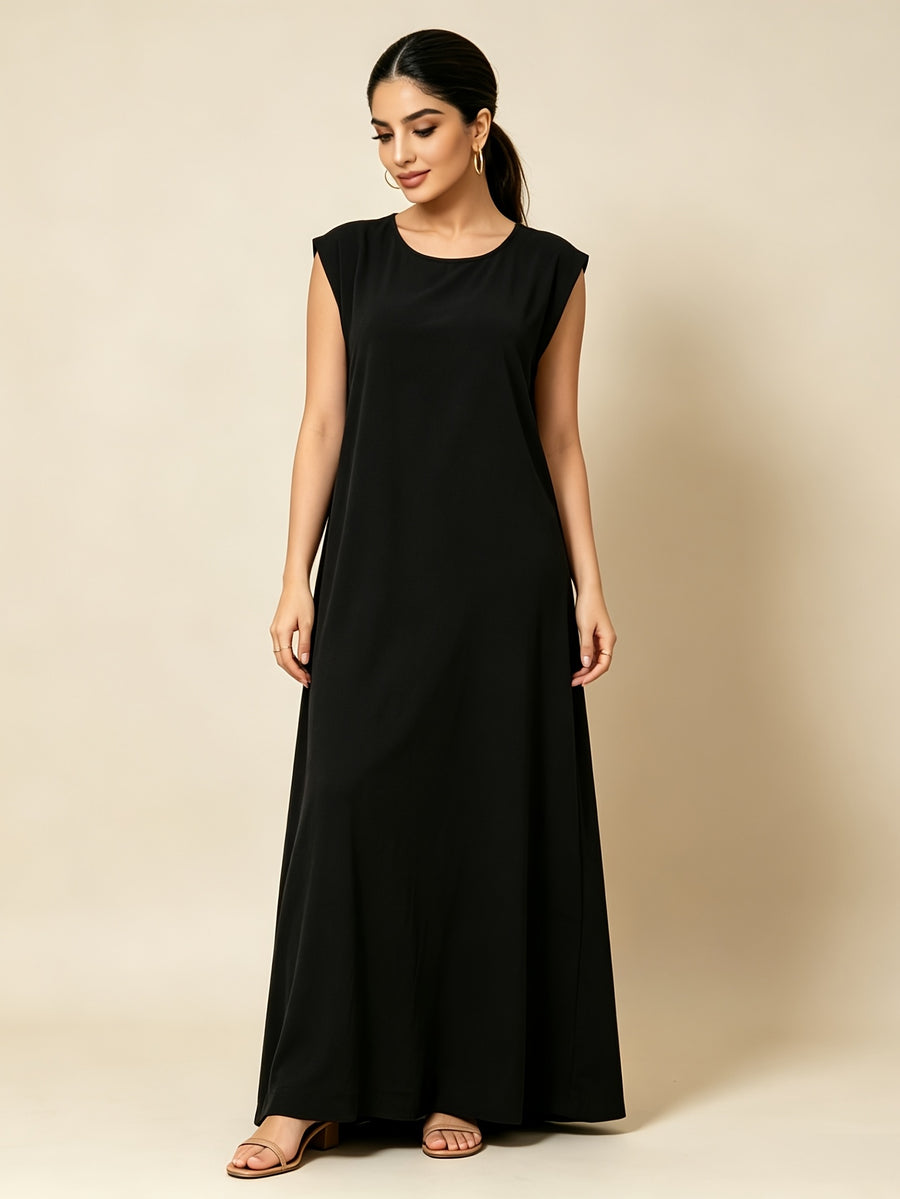 1pc Solid Color Elegant Casual Spring Autumn Suitable for Women'S Daily Base Layer Vest Abaya Muslim Dress Robe Summer Abaya - Black